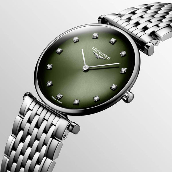 L4.512.4.92.6_Longines_La Grande Classique de Longines_29 mm-Quartz-schwarz-grün-Diamanten-Edelstahl-Front1_Kempkens-Juweliere