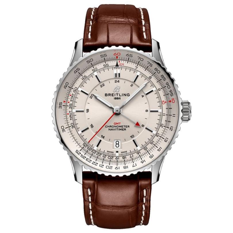 A32310211G1P1_Breitling_navitimer-automatic-gmt-41-white-brown-leather-soldier_Front_Kempkens-Juweliere