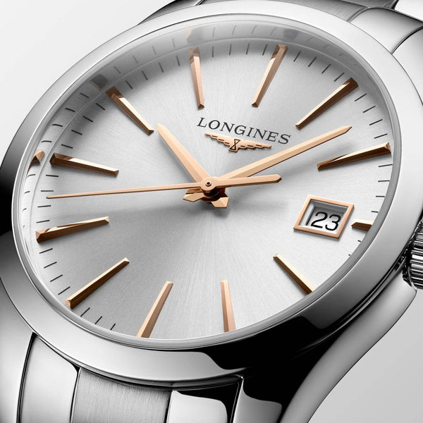 L2.386.4.72.6_Longines_CONQUESTCLASSIC-Quartz-34mm-Zifferblatt-silber-rosegold-Edelstahl_DRface_Kempkens-Juweliere