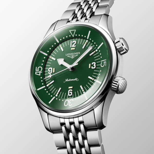 L3.764.4.06.6_LONGINES-LEGEND-DIVER_39mm-Automatik-Edelstahl-gruen-Metallband_FACE_Kempkens-Juweliere