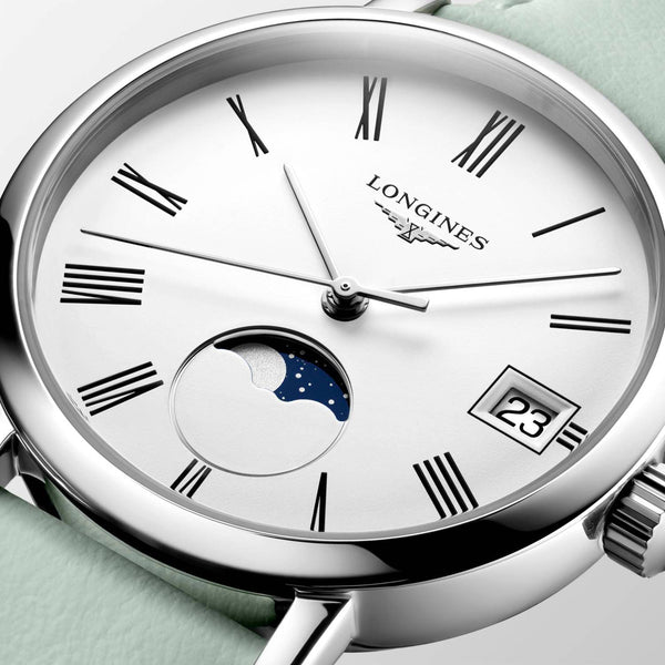 L4.330.4.11.0_LONGINES-ELEGANT-COLLECTION-MOONPHASE_30mm-Quartz-Edelstahl-weiss-Lederband-mintgruen_DRface_Kempkens-Juweliere