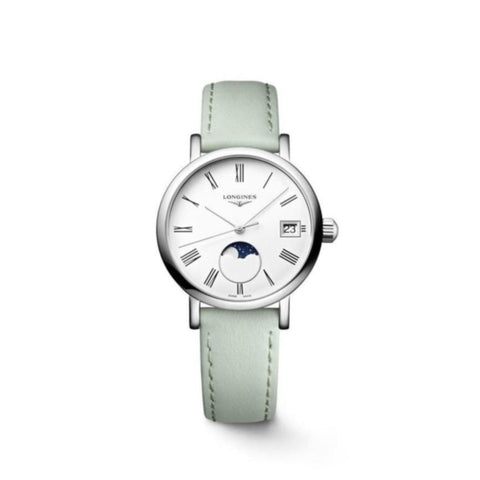 L4.330.4.11.0_LONGINES-ELEGANT-COLLECTION-MOONPHASE_30mm-Quartz-Edelstahl-weiss-Lederband-mintgruen_SOL-Kempkens-Juweliere