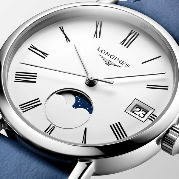 L4.330.4.11.2_LONGINES-ELEGANT-COLLECTION-MOONPHASE_30mm-Quartz-Edelstahl-weiss-Lederband-mintgruen_DRface_Kempkens-Juweliere