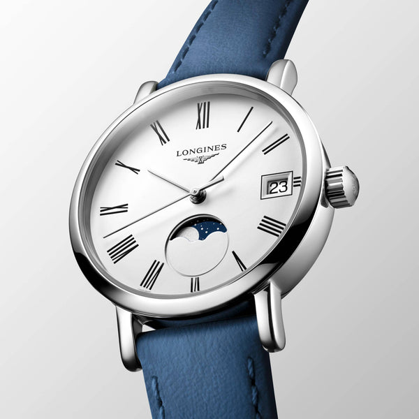 L4.330.4.11.2_LONGINES-ELEGANT-COLLECTION-MOONPHASE_30mm-Quartz-Edelstahl-weiss-Lederband-mintgruen_FACE_Kempkens-Juweliere